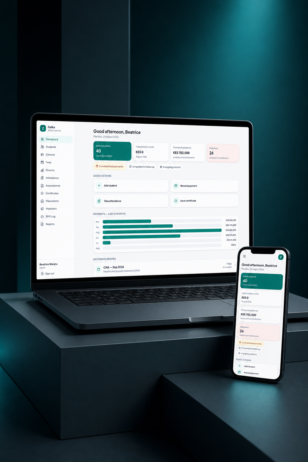 Four connected surfaces for admissions, fees, attendance, referrals and QR-verifiable certificates.